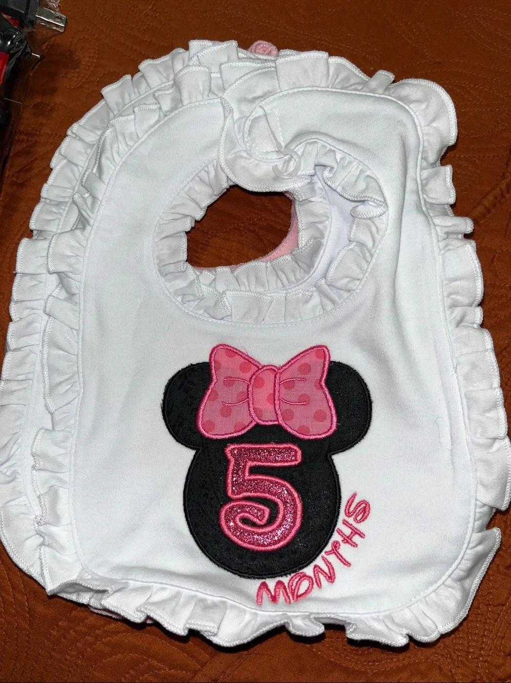 White Baby Bib with Pink Minnie Bow MONTHLY Embroidery